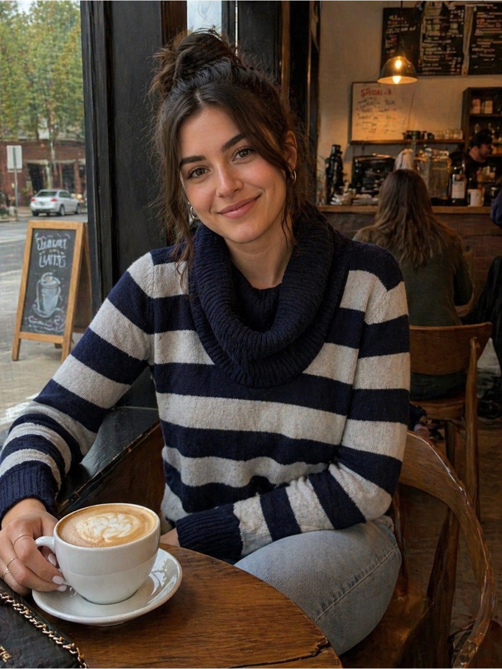 Derek Heart Black and Cream Striped Cowl Neck Sweater